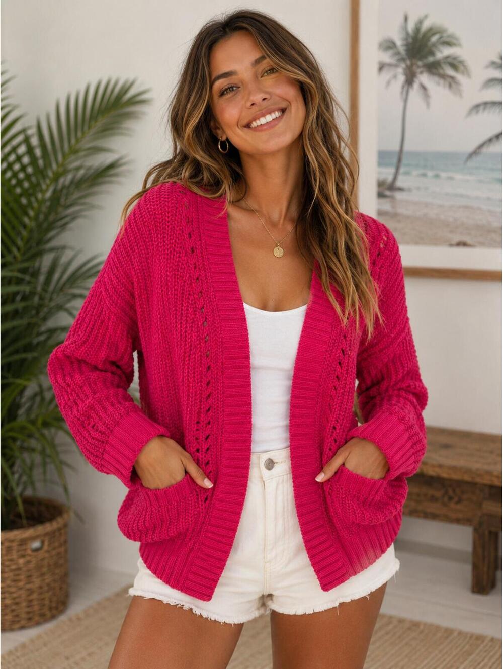 American Eagle Hot Pink Chunky Knit Open Front Cardigan Sweater‎ Large